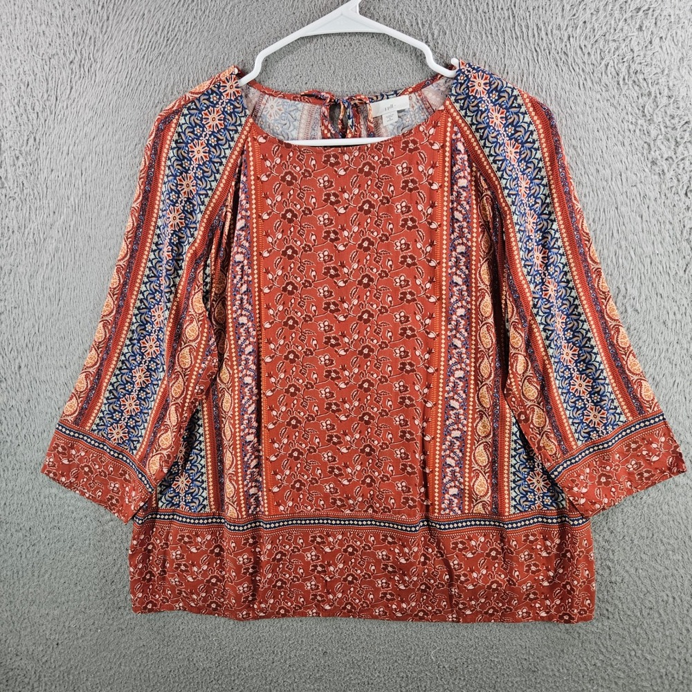 J. Jill Petite Small Rust Orange Floral Paisley Viscose Rayon 3/4 Sleeve Blouse